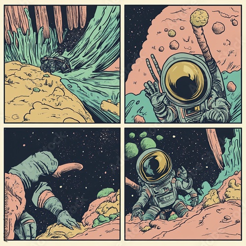 An astronaut is stranded on an alien planet and must befriend strange creatures to survive. Each panel depicts funny and tense moments as he learns to adapt in an unfamiliar environment photo