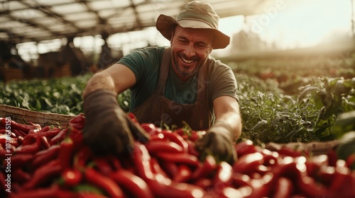 A smiling farmer in a hat and gloves happily harvests a bounty of vibrant red peppers in a sunlit greenhouse, depicting the satisfaction of a fruitful day. photo