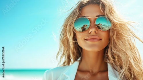 A stylish woman with flowing hair and reflective sunglasses enjoys a bright sunny day at the beach, conveying a sense of relaxation and carefree summer joy.