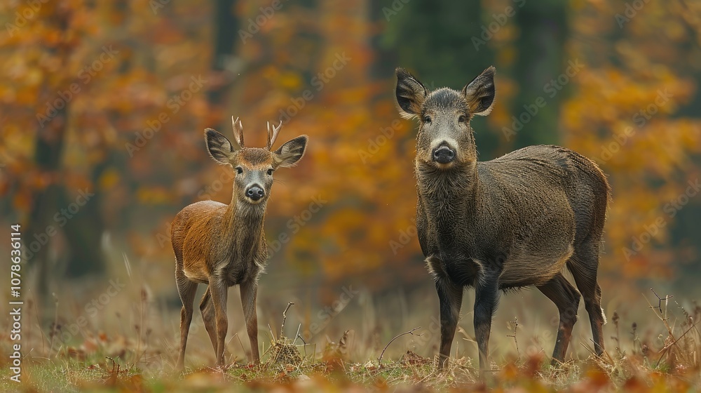 Obraz premium Two deer standing in an autumn forest.