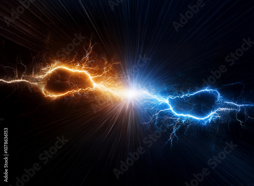 Abstract digital art depicting two contrasting electrical discharges, one orange and one blue, meeting in a clash. photo