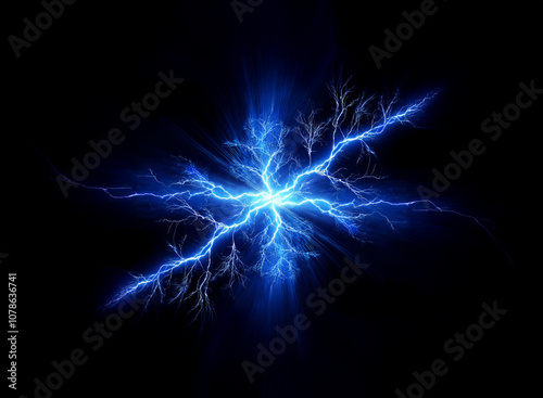 A blue electric bolt of lightning bursts from a dark background.