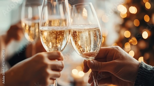 Two elegantly held champagne glasses clinking against a golden bokeh light backdrop, capturing a moment of celebration and joy in a festive and warm atmosphere. photo