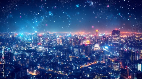 Wallpaper Mural Anime fantasy city skyline with glowing lights and futuristic buildings Torontodigital.ca