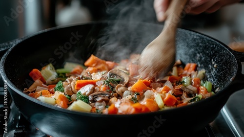 A colorful medley of vegetables including carrots, mushrooms, and broccoli being stirred in a steaming skillet, showcasing a hearty and healthy meal preparation. photo