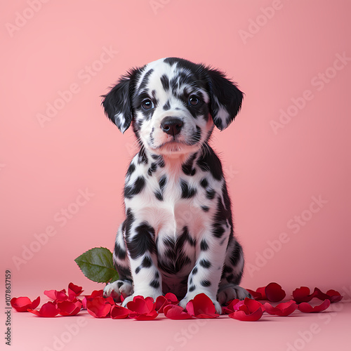 Photo of Dalmatian puppy spots in the shape of hearts on a pink Valentine's Day background with rose petals