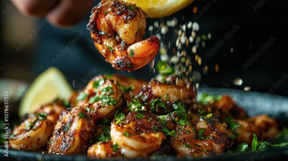 A tantalizing close-up of sizzling shrimp garnished with fresh herbs, drizzled with lemon juice, capturing the essence of the culinary delight. A tantalizing close-up of sizzling shrimp garnished with fresh herbs, drizzled with lemon juice, capturing the essence of the culinary delight.