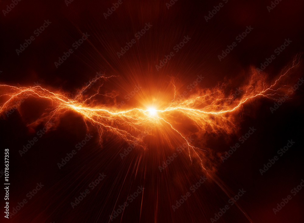 A bright orange glowing energy stream, resembling lightning, bursts from a central point on a dark red background.