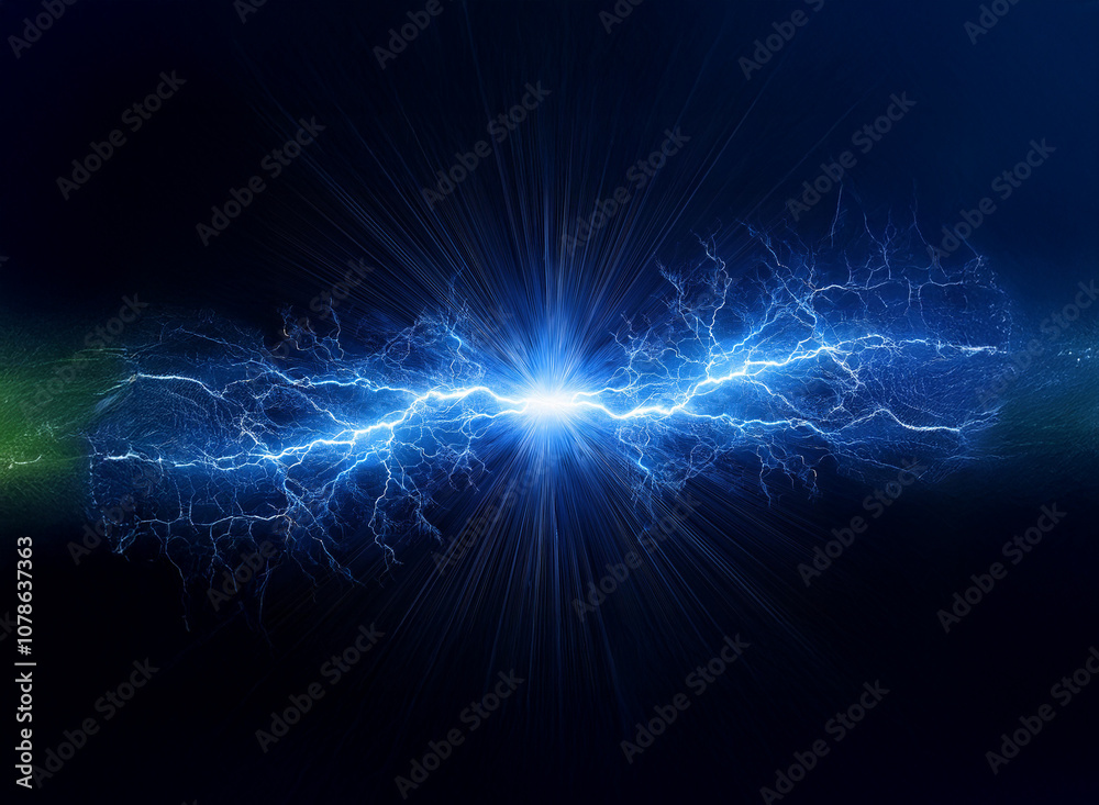 A bright blue electrical discharge, resembling lightning, explodes outward from a central point against a dark background. A bright blue electrical discharge, resembling lightning, explodes outward from a central point against a dark background.