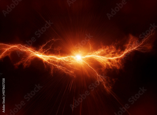 A bright orange glowing energy stream, resembling lightning, bursts from a central point on a dark red background.