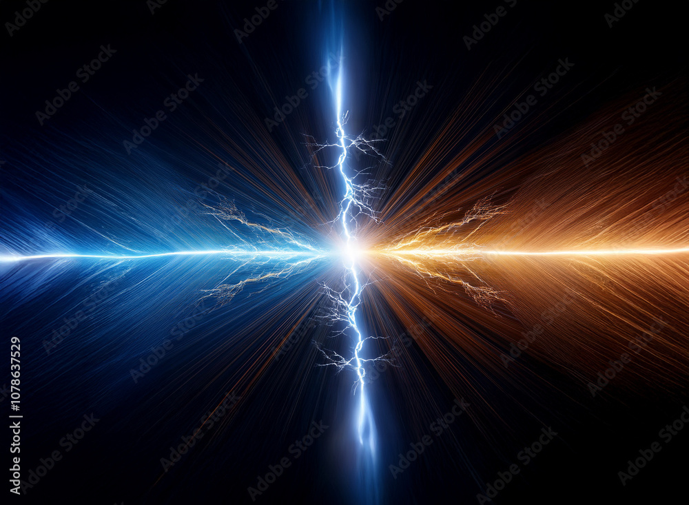 A blue and orange lightning strike collide in the center of a dark background. A blue and orange lightning strike collide in the center of a dark background.