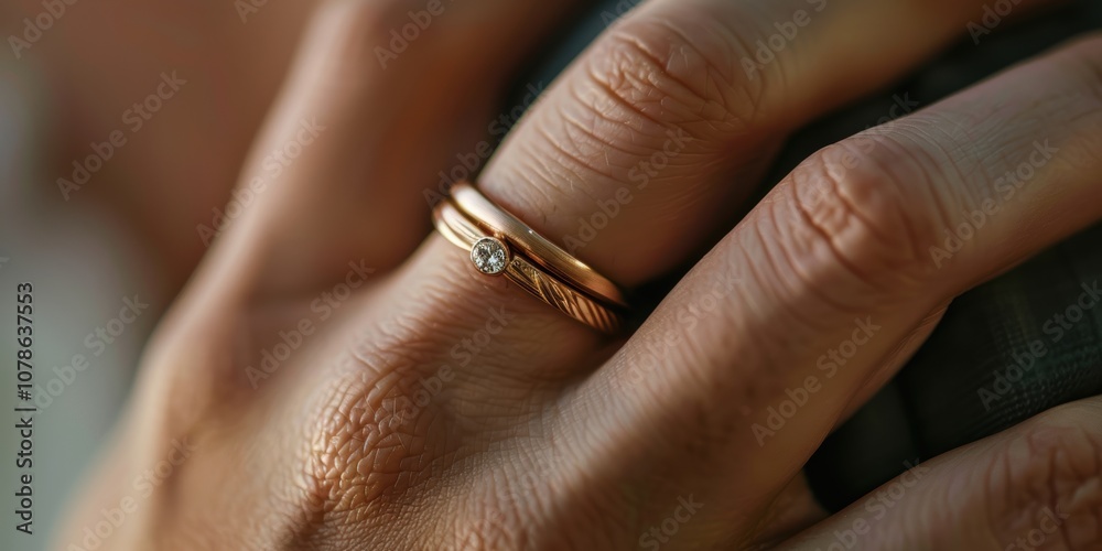 Fototapeta premium Close-up of a hand with a ring, symbolizing a troubled relationship or separation, highlighting issues of mental health and the end of a partnership