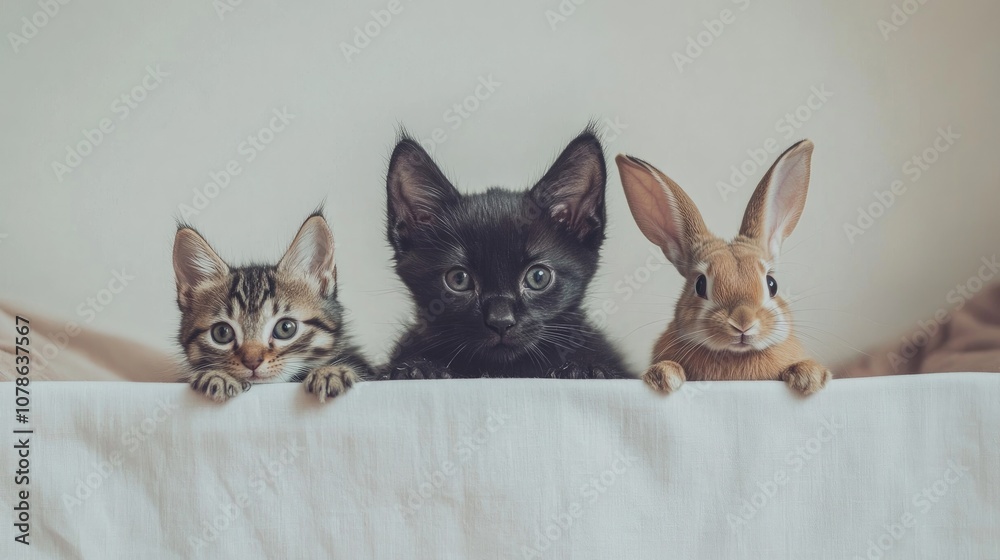 Cute Puppy, Kitten, and Rabbit Together on a Blanket Cute Puppy, Kitten, and Rabbit Together on a Blanket