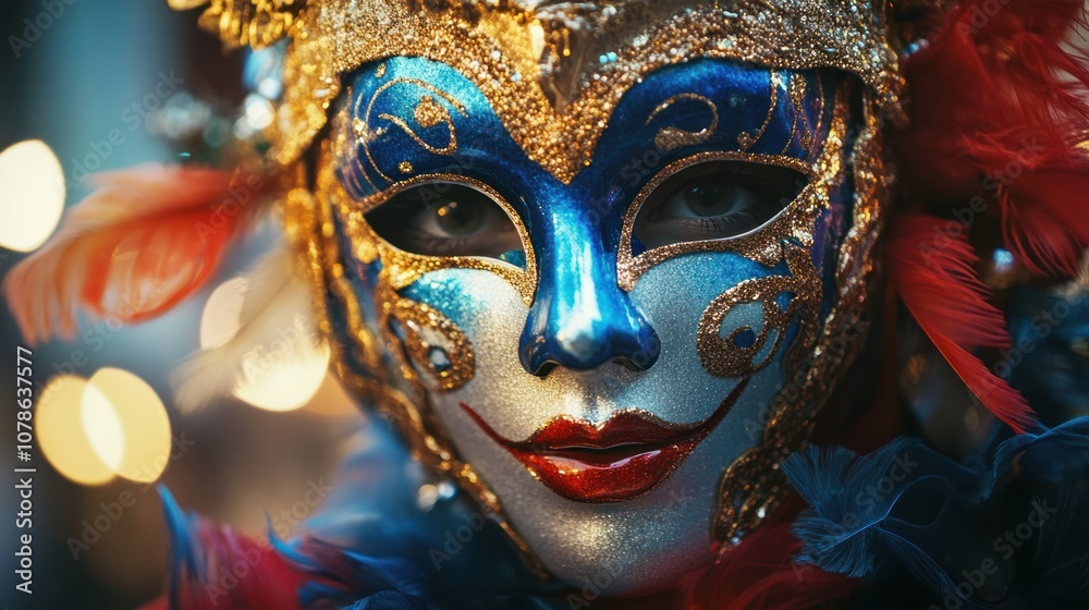 A close-up of a person wearing an ornate mask, highlighting intricate details and vibrant colors. A close-up of a person wearing an ornate mask, highlighting intricate details and vibrant colors.