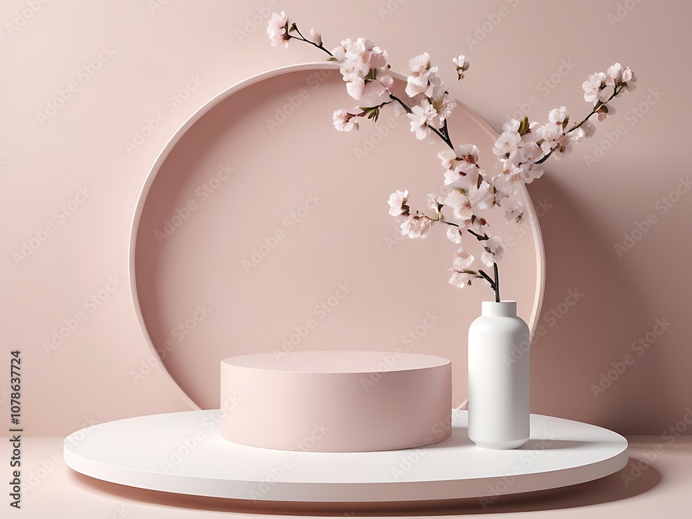 White 3d pedestal background with for cosmetic product presentation with out of view flower White 3d pedestal background with for cosmetic product presentation with out of view flower