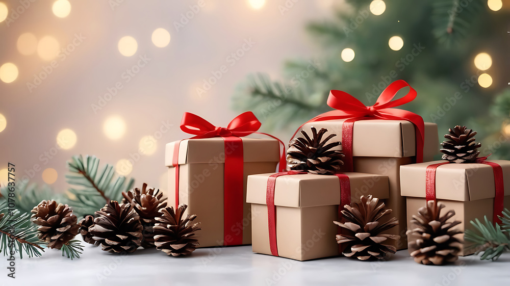 Festive Christmas present gift boxes and pine cones and branches on new year bokeh background. Copy space. Festive Christmas present gift boxes and pine cones and branches on new year bokeh background. Copy space.