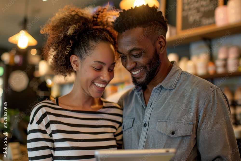 Happy diverse couple sharing laughs and enjoying their first date at a cafe. Young woman and man connecting over coffee Happy diverse couple sharing laughs and enjoying their first date at a cafe. Young woman and man connecting over coffee