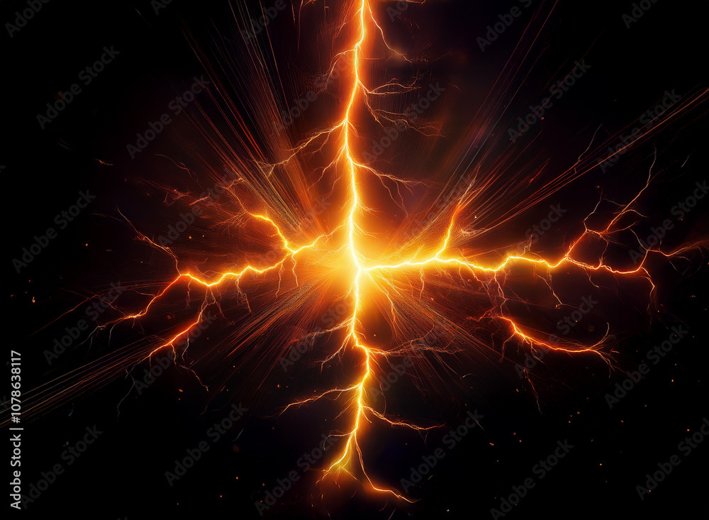 A bright orange electrical discharge in the shape of a cross, with a radiant glow and sparks emanating from it against a dark background. A bright orange electrical discharge in the shape of a cross, with a radiant glow and sparks emanating from it against a dark background.