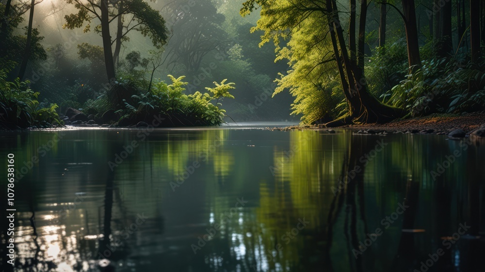 Obraz premium Tranquil forest lake with sunlight filtering through trees.