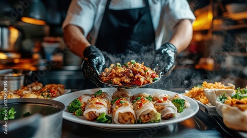 This tantalizing image presents steaming rice rolls with a rich, savory filling, complemented by colorful vegetables and an elegant presentation, evoking culinary excellence.