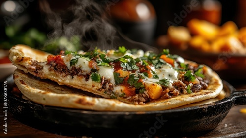 This enticing image highlights a cheesy meat-filled flatbread topped with vibrant spices and herbs, evoking nostalgia and satisfaction through its rich textures and aromas. photo