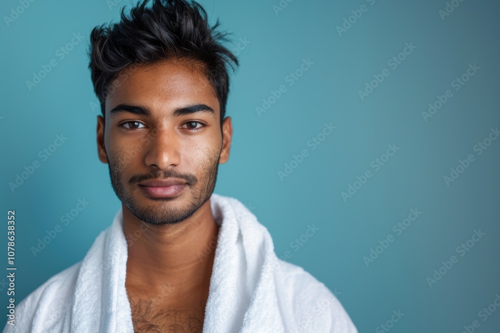 Obraz premium Portrait of a man in a bathroom robe post-shower, focusing on skincare and facial hygiene as part of his self-care routine and wellness treatment