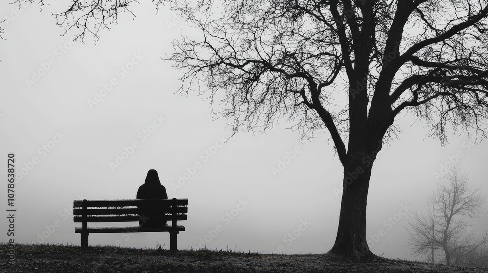 Lonely Figure Sitting on a Bench Beside a Bare Tree in a Foggy Landscape, Symbolizing Solitude, Depression, and Melancholy in a Stark and Desolate Environment Lonely Figure Sitting on a Bench Beside a Bare Tree in a Foggy Landscape, Symbolizing Solitude, Depression, and Melancholy in a Stark and Desolate Environment