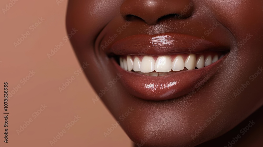Closeup of a smiling woman with radiant skin, showcasing beauty and skincare products against a warm background. Focus on lips, cosmetics, and smooth appearance Closeup of a smiling woman with radiant skin, showcasing beauty and skincare products against a warm background. Focus on lips, cosmetics, and smooth appearance