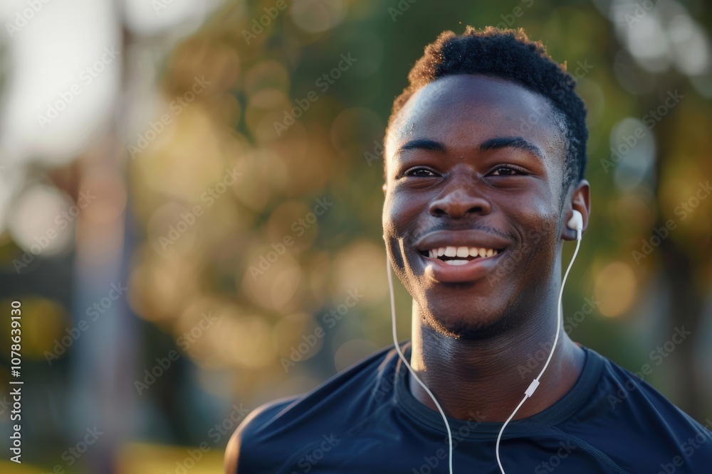 Fototapeta premium Cheerful man exercising outdoors with earphones, enjoying music to boost fitness motivation and enhance wellness during his training