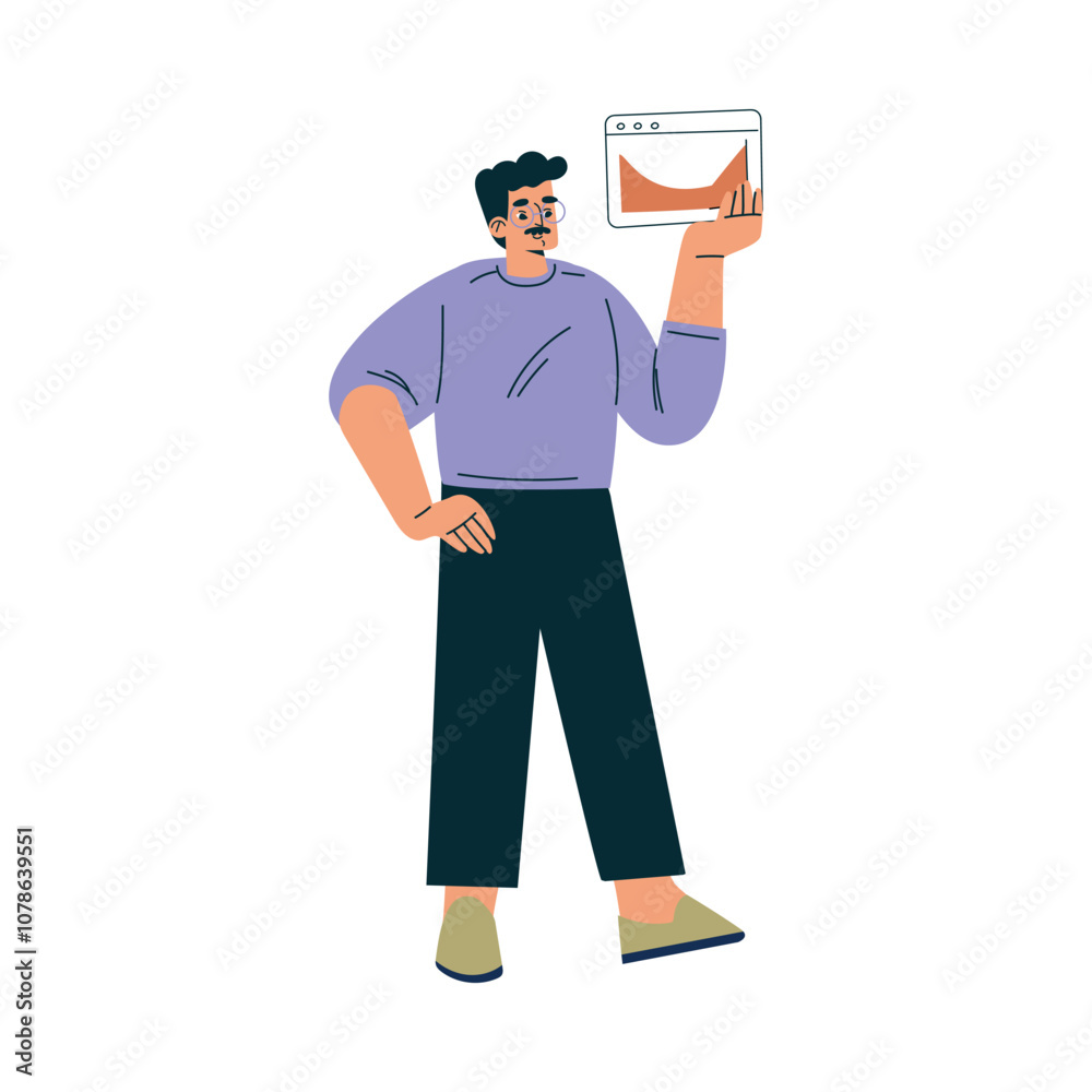 Man Character with Chart Window as Productive Team Member Vector Illustration Man Character with Chart Window as Productive Team Member Vector Illustration