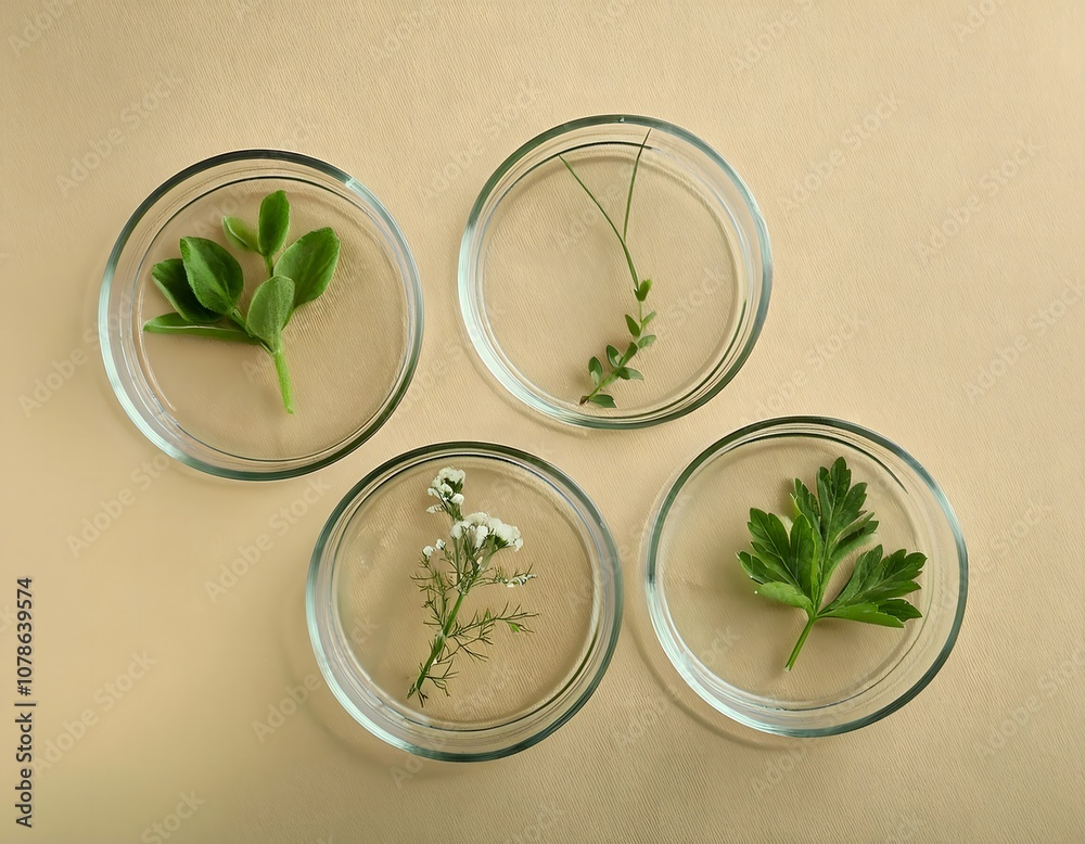 Flat Lay Composition with Petri Dishes and Plants on Beige Background Flat Lay Composition with Petri Dishes and Plants on Beige Background