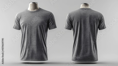 A heather grey shirt is presented on a mannequin, displaying the front and rear views, offering a casual and contemporary style suitable for everyday wear.