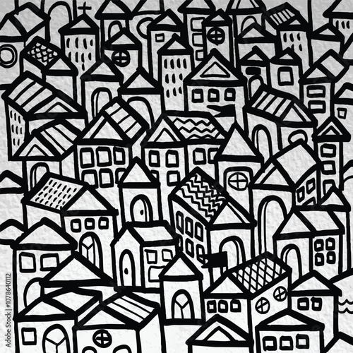 whimsical black and white illustration of densely packed town with various house designs, featuring unique geometric patterns and shapes, creating playful urban landscape