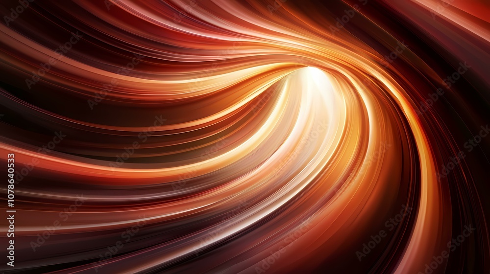 The picture contains an abstract design of swirling orange and brown lines that converge towards a bright white light.