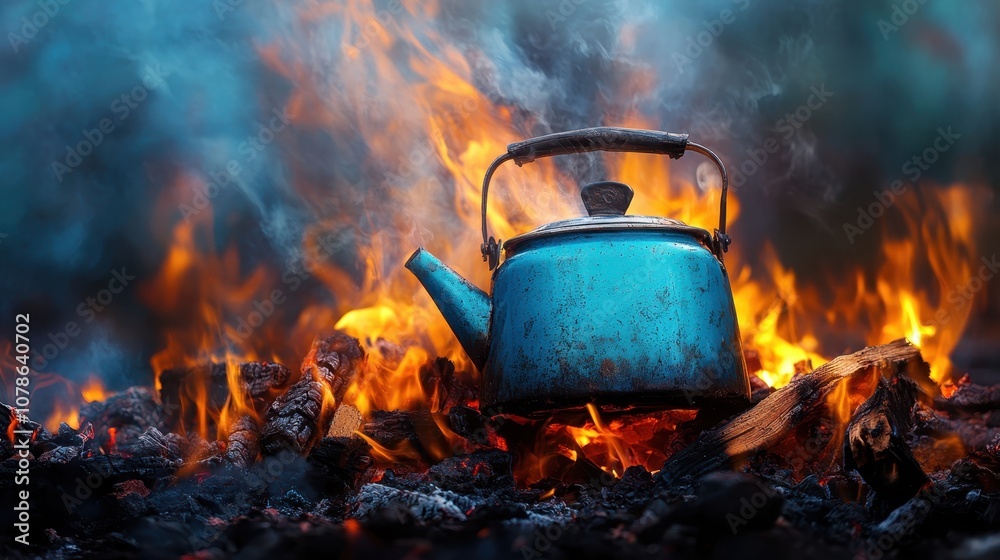 A striking blue kettle sits on a campfire, with dancing flames around it, encapsulating the raw beauty and warmth of outdoor cooking and adventure. A striking blue kettle sits on a campfire, with dancing flames around it, encapsulating the raw beauty and warmth of outdoor cooking and adventure.