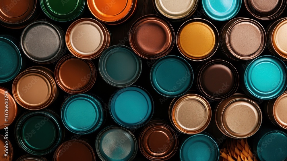 An overhead view displaying various paint cans filled with vibrant colors, representing creativity, diversity, and artistic vision in modern design. An overhead view displaying various paint cans filled with vibrant colors, representing creativity, diversity, and artistic vision in modern design.