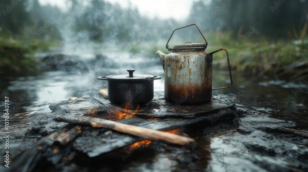 An old, weathered kettle and pot rest on a smoldering campfire, enveloped by the misty forest, capturing the serenity and simplicity of nature’s embrace. An old, weathered kettle and pot rest on a smoldering campfire, enveloped by the misty forest, capturing the serenity and simplicity of nature’s embrace.
