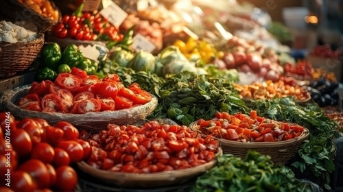 A display of colorful, fresh vegetables including tomatoes, peppers, and greens, set in a busy outdoor market setting, showcasing natural abundance and vibrancy.