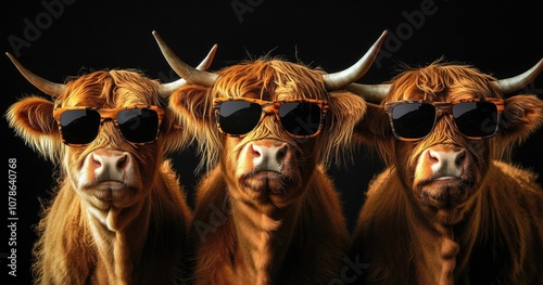 Cows wearing sunglasses, in a cool and trendy style, against a black background.