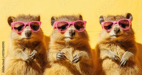 Three quokkas wearing pink sunglasses, a funny photo on a yellow background.