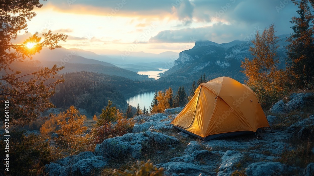 A serene campsite at sunset, showcasing nature's beauty. A serene campsite at sunset, showcasing nature's beauty.
