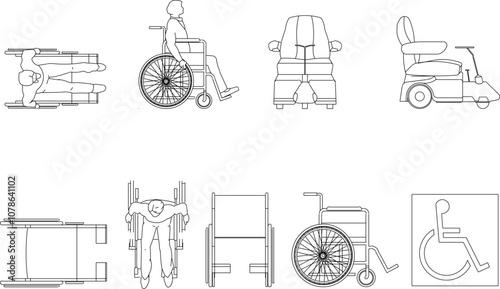 Vector sketch illustration of wheelchair design silhouette drawing for disabled