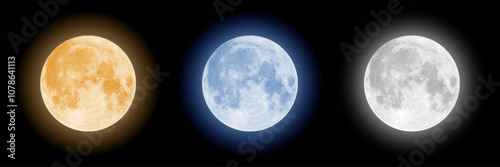 Realistic Illustrations of the full moon. Vector Red, Blue and White Moon designs