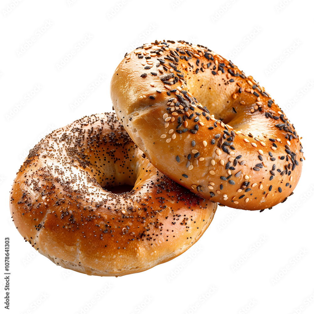 Close-Up of Two Freshly Baked Bagels with Mixed Seeds