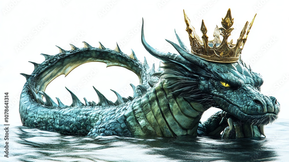 Majestic dragon with a crown emerging from water, white isolate background. Majestic dragon with a crown emerging from water, white isolate background.