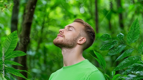 An illustration of a young man taking a deep breath of fresh air with copy space. The concept is relaxation and well-being