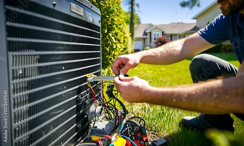 A technician works on an air conditioning unit, adjusting wires and components in a residential yard, showcasing maintenance and repair in a sunny environment.