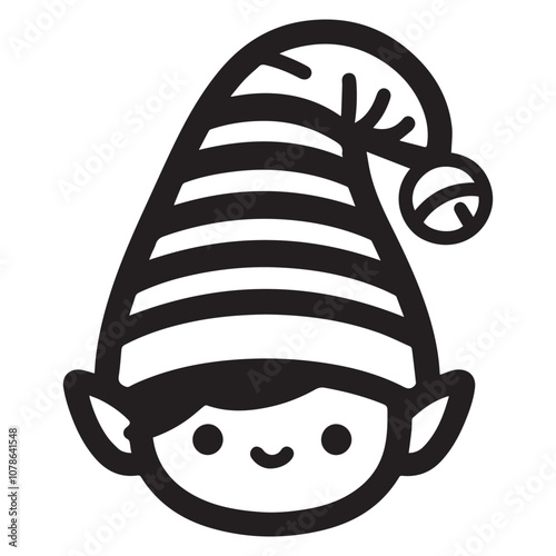 Whimsical Jester Hat Icon: A Festive Touch for Your Designs. This black and white vector illustration features a stylized jester's hat with bold stripes, a curled point, and a dangling bell.