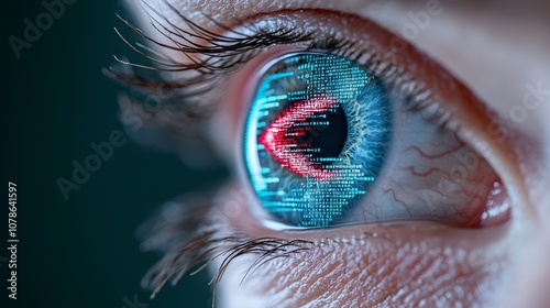 Concepts of cyber security, future, technology, hacking, network, and digital data. Close-up of human eye on green technology background. photo