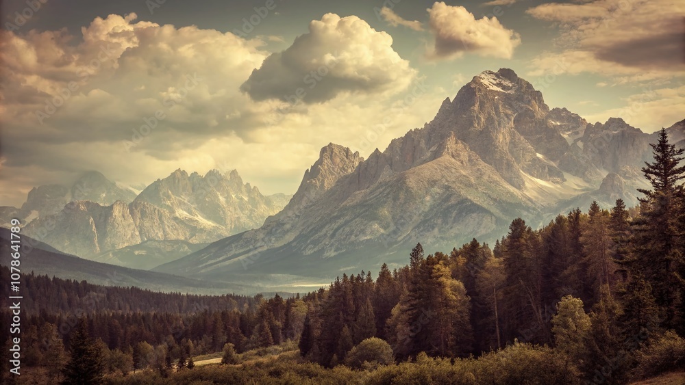 Obraz premium Vintage Style Mountain Drawing: Captivating Hand-Illustrated Landscape with Ethereal Clouds and Timeless Charm, Perfect for Nature Lovers and Art Enthusiasts